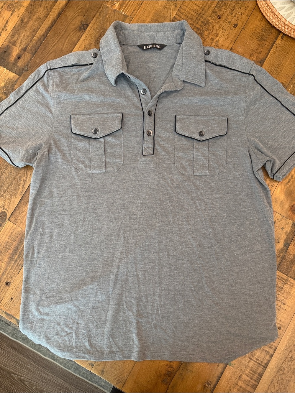 Express Men’s Heather Gray Short-Sleeve Polo with Dual Chest Flaps